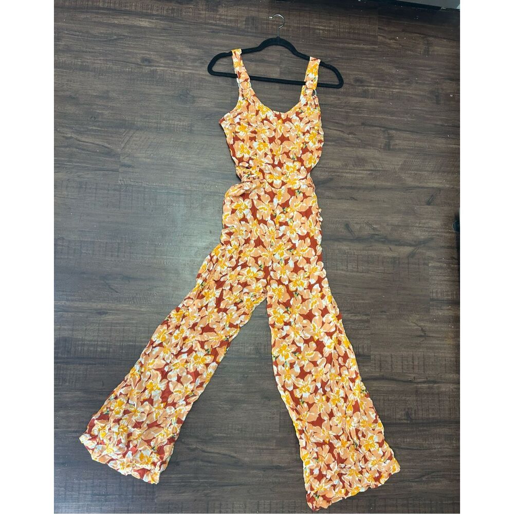 Derek Heart Orange Floral Romper Cut-Out Side, Sz Large
